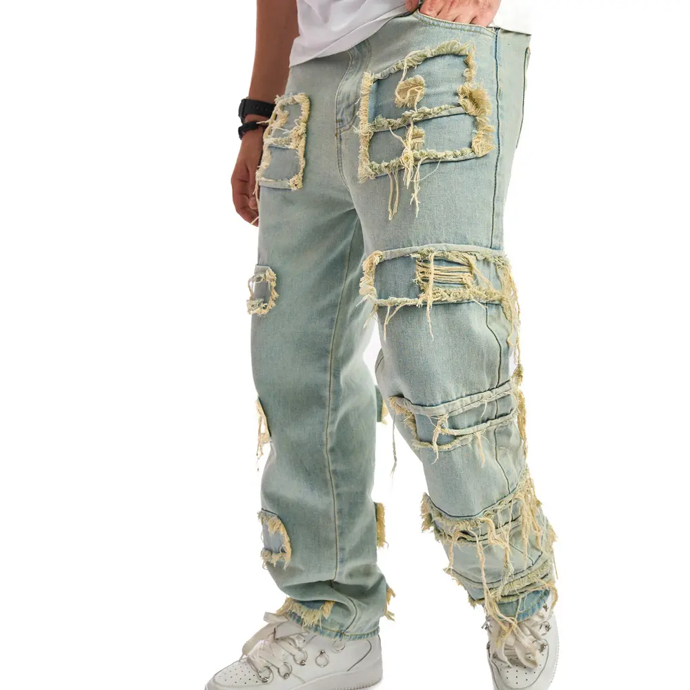 2026 Men's wide-leg jeans Stylish Retro Ripped Patch Casual Loose Men Streetwear Male Straight Denim male Trousers Menswear Soft Comfy Distressed Fashion Carpenter Denim Pants baggie Pants Henley Patchwork Shirt