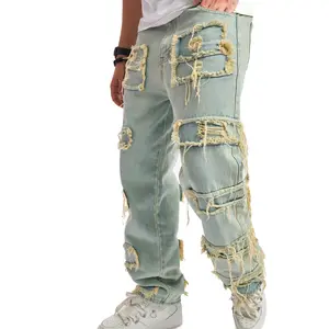 Men's wide-leg jeans Stylish Retro Ripped Patch Casual Loose  Men Streetwear Male  Straight Denim male Trousers Menswear Soft Comfy Distressed Fashion Carpenter Denim Pants baggie Pants Hem Henley Patchwork Shirt Underwear Y2K Pocket Beige Plain