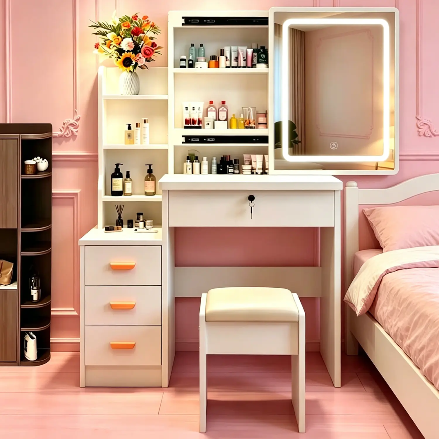 Modern White Makeup Vanity with Lights - LED Lighting Thick MDF Lighted Border Makeup Vanity Set, Bedroom Dressing Table with Storage Drawers, Padded Stool, Easy Setup for Teens Bedroom Dressing Room Home Use, Light Up Makeup Vanities