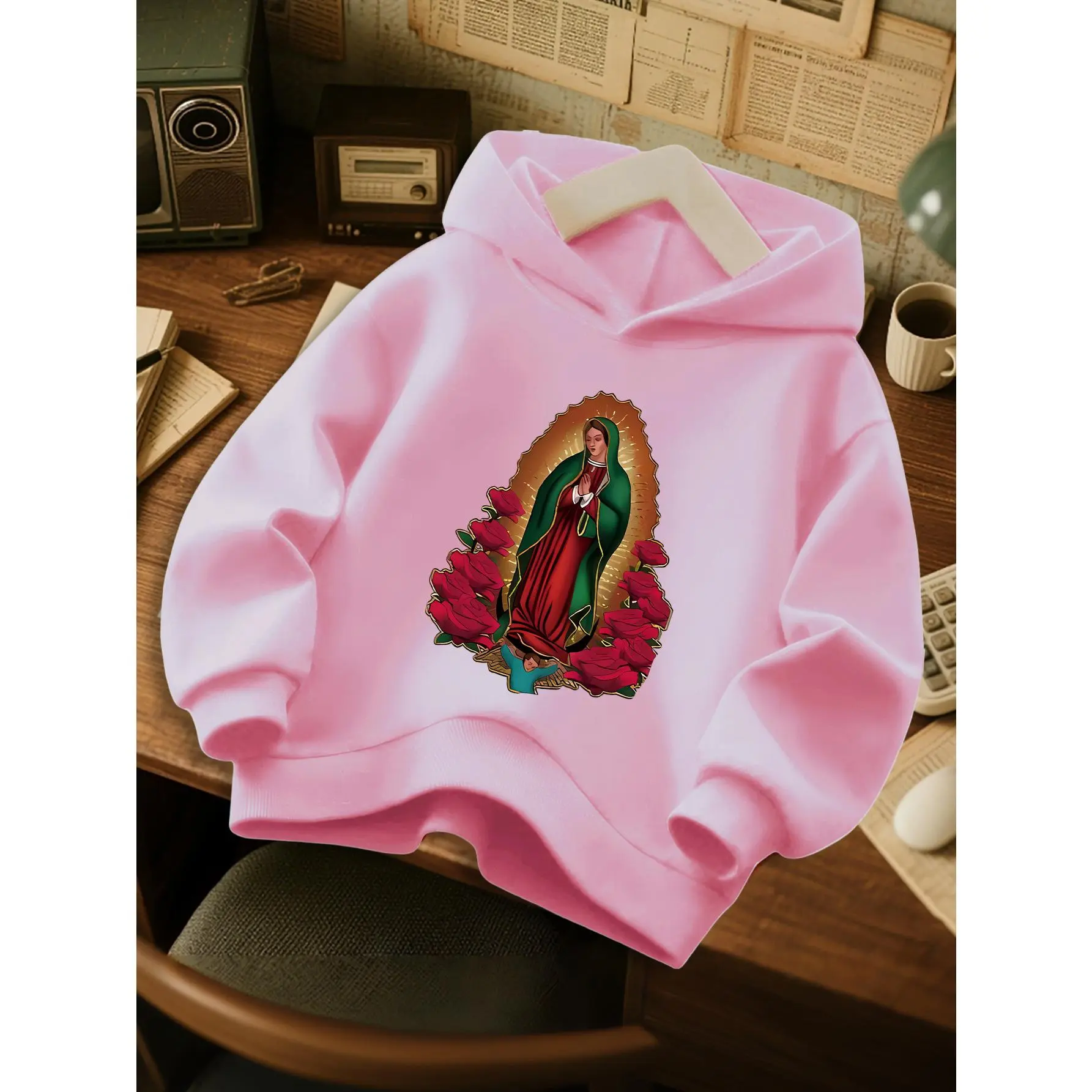 Girls' Casual Hooded Sweatshirt with Vibrant Floral Print & Virgin Mary Design - Cozy Fall/Winter Pullover, Regular Fit, Long Sleeves, Front Pocket, for Outdoor, Comfortable Clothing | Playful Graphic Hoodie | Durable Casualwear, Sweater Hoodie, Cotton, G