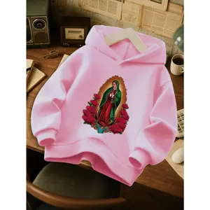 Girls' Casual Hooded Sweatshirt with Vibrant Floral Print & Virgin Mary Design - Cozy Fall/Winter Pullover, Regular Fit, Long Sleeves, Front Pocket, for Outdoor, Comfortable Clothing | Playful Graphic Hoodie | Durable Casualwear, Sweater Hoodie, Cotton, G