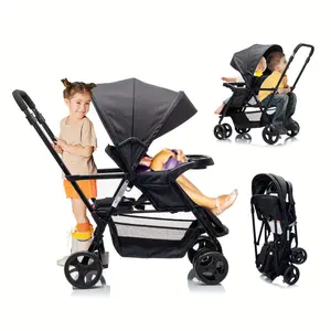 Lightweight Folding Double Stroller for Newborns & Toddlers, Black Friday Pick, with Sit-Stand/Lying Down Modes, Rear Bench, Standing Platform, 5-Point Harness, Canopy, Tray Table & Storage Basket