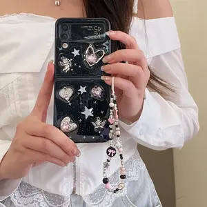 Cute Angel Love Heart Star Phone Case For Samsung Galaxy Z Flip 6 Flip 5 4 3 With Pearl Bow Hand Chain Anti Drop Protect Shell