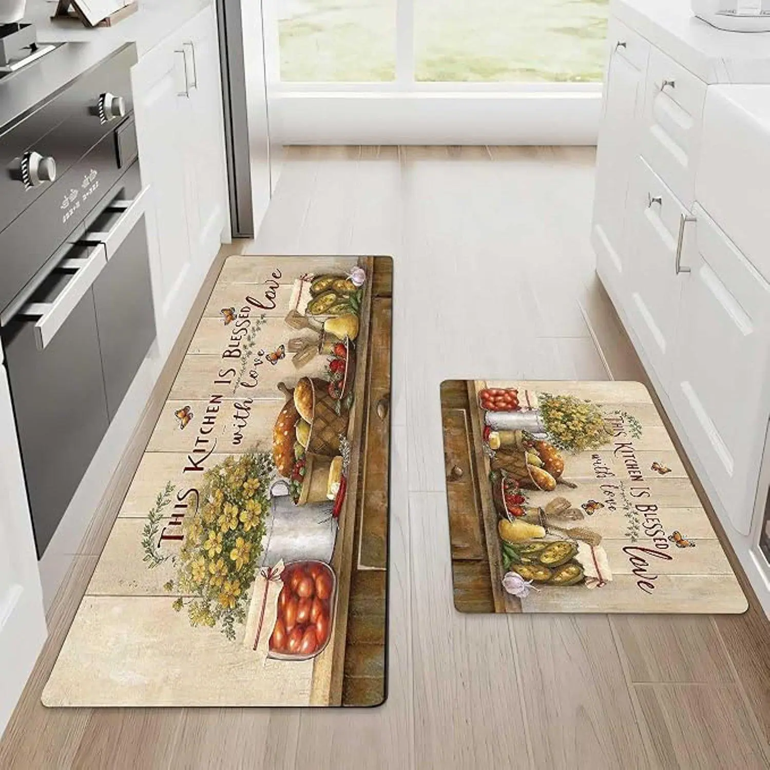 Rustic Farmhouse "This Kitchen Is Blessed With Love" Print Flannel Non Slip Indoor Kitchen Rug