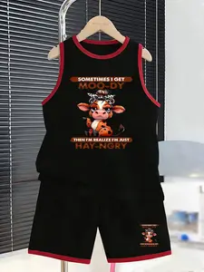 Funny Cow Print Boys' Sports Tank Top Set, Perfect for Casual Outing, Friends Gathering, Outdoor Play, Fun Cartoon Design, Active Style