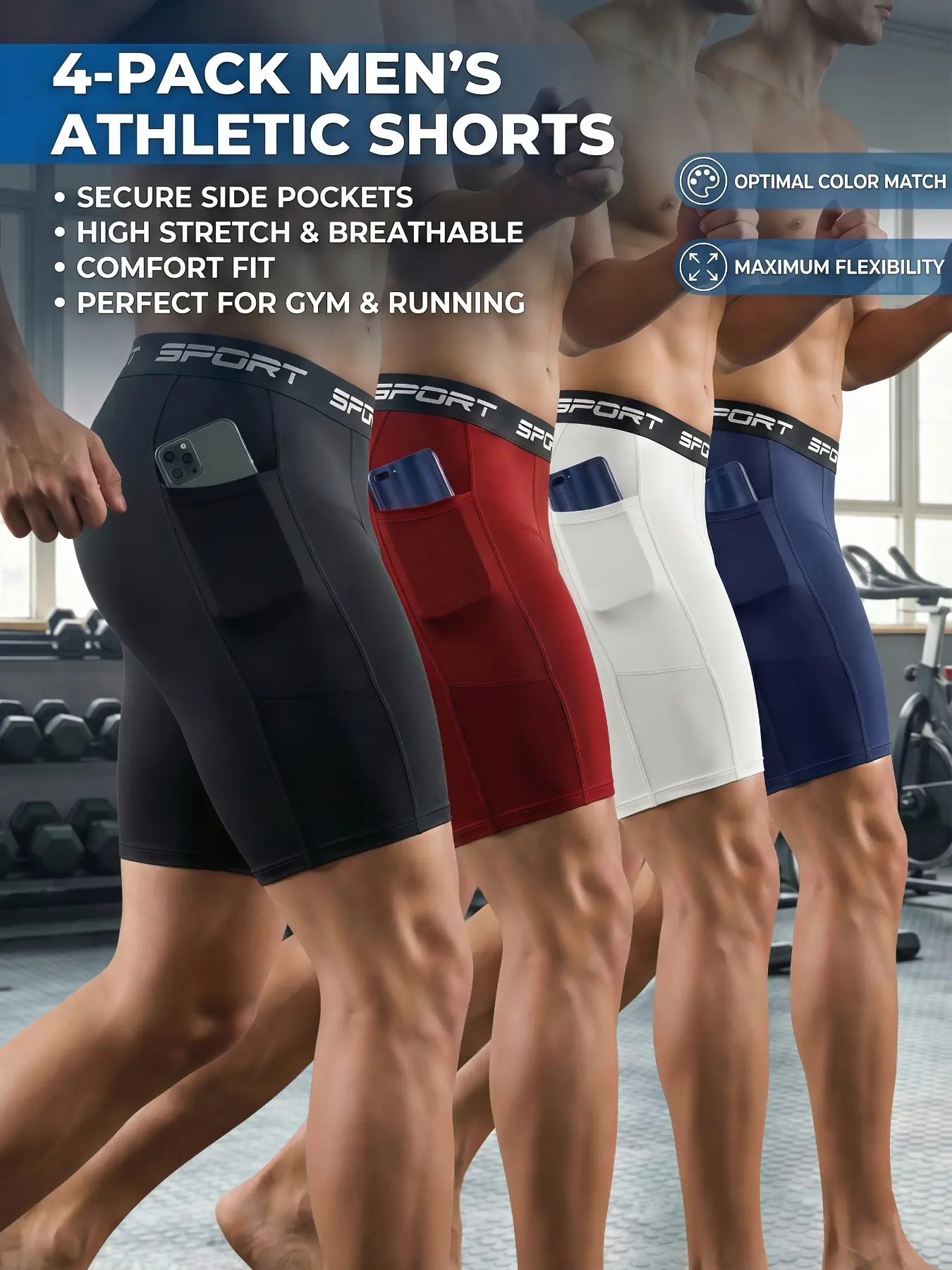 4-Pack Mens Gym Shorts Fitness Workout Shorts, Breathable Running Shorts with Pockets, Stretch Casual Athletic Shorts for Training, Jogging, Exercise（ Black, Red, White, Blue)