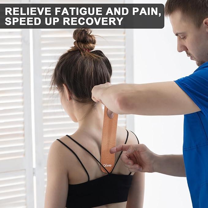 Ckeep Precut Kinesiology Tape, 2 Rolls - Original Cotton, Latex-Free with Rounded Edges for Knee Pain, Injuries & Sprains