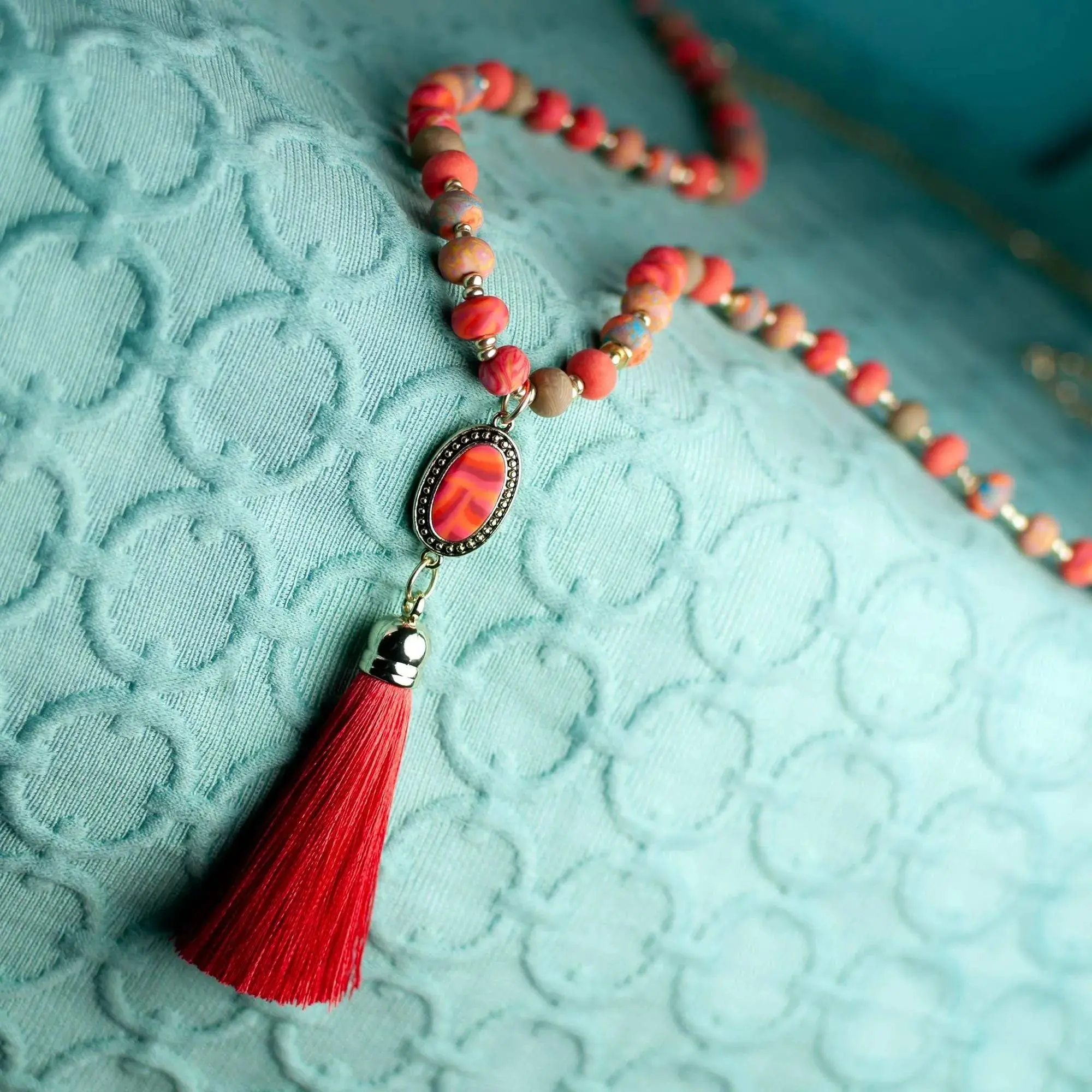 Coral Crush Tassel Beaded Necklace with Red Beads and Red Tassel