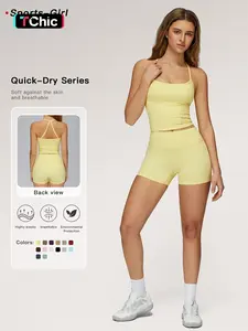 Women's Solid Backless Crop Cami Top & Shorts Set, Sporty Sleeveless Top & Skinny Shorts, Ladies Sportswear for Indoor and Outdoor Wear, Stretchable Activewear, Fitness Outfits, Athletic Fashion Activewear