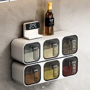 Wall Mounted Spice Rack Organizer Set with 5-Grid Seasoning Containers & Spoons, No-Drill Kitchen Utensil Organizer for Salt, Sugar, Pepper