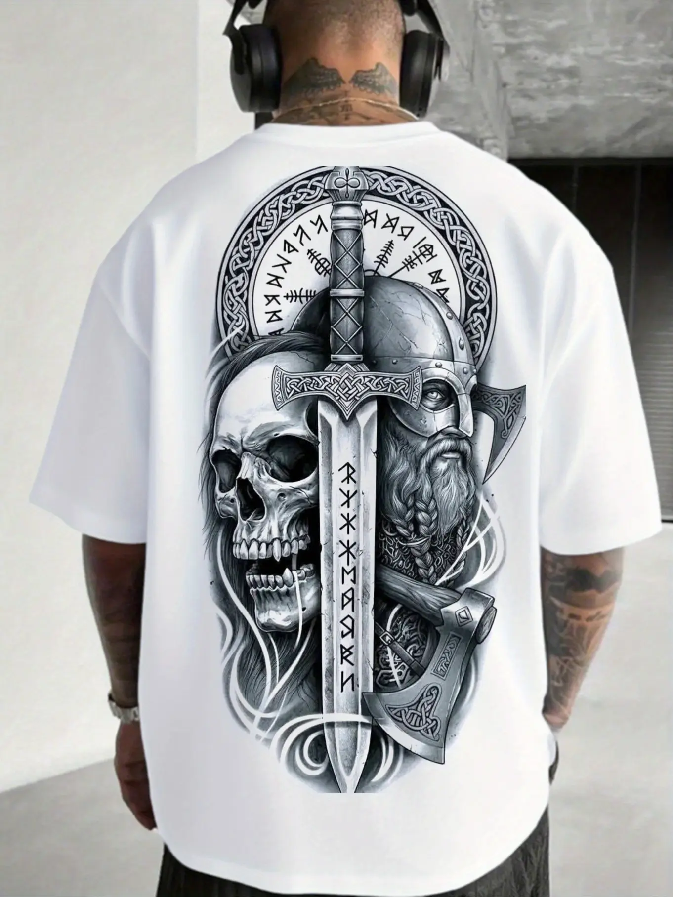 cotton T-shirt with Viking skull sword rune shield axe pattern, soft and comfortable, suitable for all seasons, suitable for going out, running, fitness, casual wear, and street wear, a great gift for family and friends.