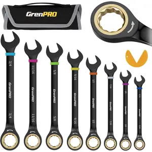Hardware supplies GRENPRO Ratchet Wrenches Set, Ratcheting Wrench Set, 9PC Sae 5/16 to 3/4 72Th Long Box Open End Ratchet Wrench Organizer With Color Ring With Roll Up Pouch With Gauge, Big Combination Wrench Tool Sets
