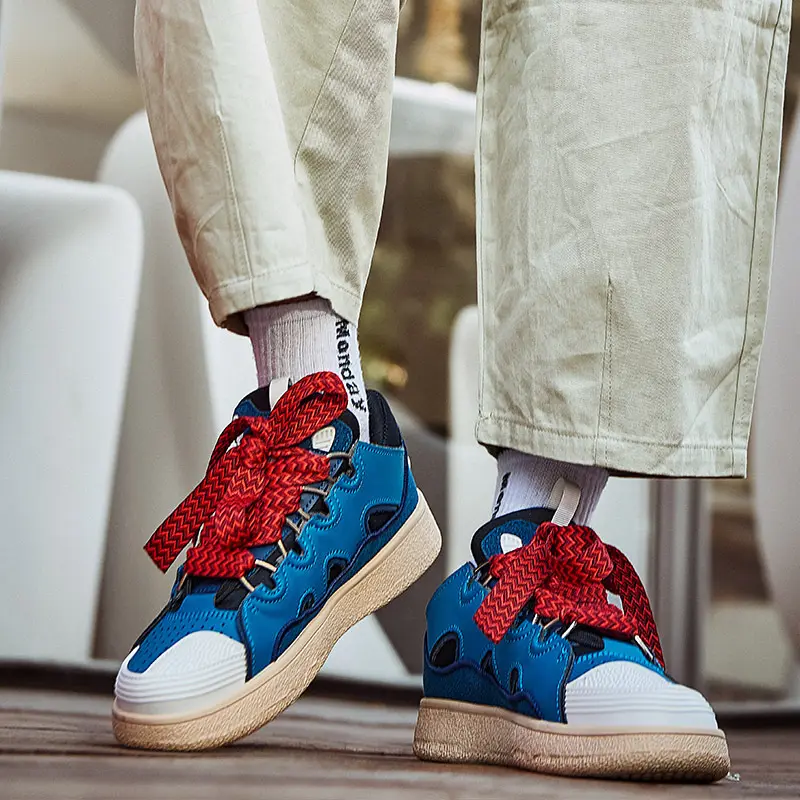 Brand GGOR Mens Shoes Red And Blue Casual Shoes, Harajuku Style Lace-up Round-toe Breaded Thick-soled Shoes, With A Niche Colorful Thick Rope Design, Suitable For Various Scenarios Such As Daily Outings, Couple Outfits, And Harajuku Trends