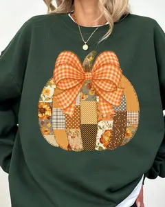 Fall Pumpkin Patchwork Sweatshirt ~ Autumn Unisex Apparel Relaxed Fit Printed In The USA Clothing Womenswear Casual Comfort Cotton Top Athletic Boho Chic garment-dyed heavyweight Crewneck
