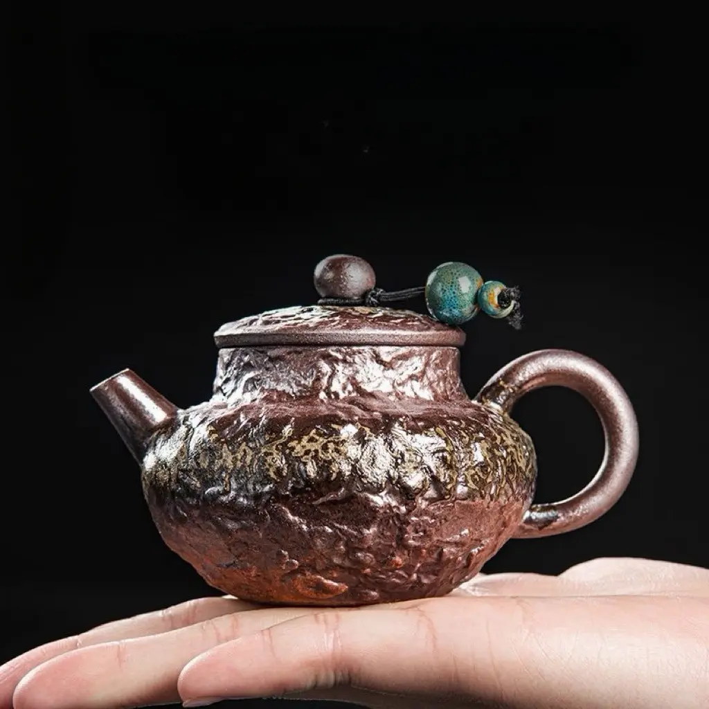 Handmade Shiba Clay Rock Teapot with Antiskid Handle - Ancient Traditional Firewood-Fired, Retro Kiln-Transformed Chinese Unique Pieces for Kitchen Tea Preparation
