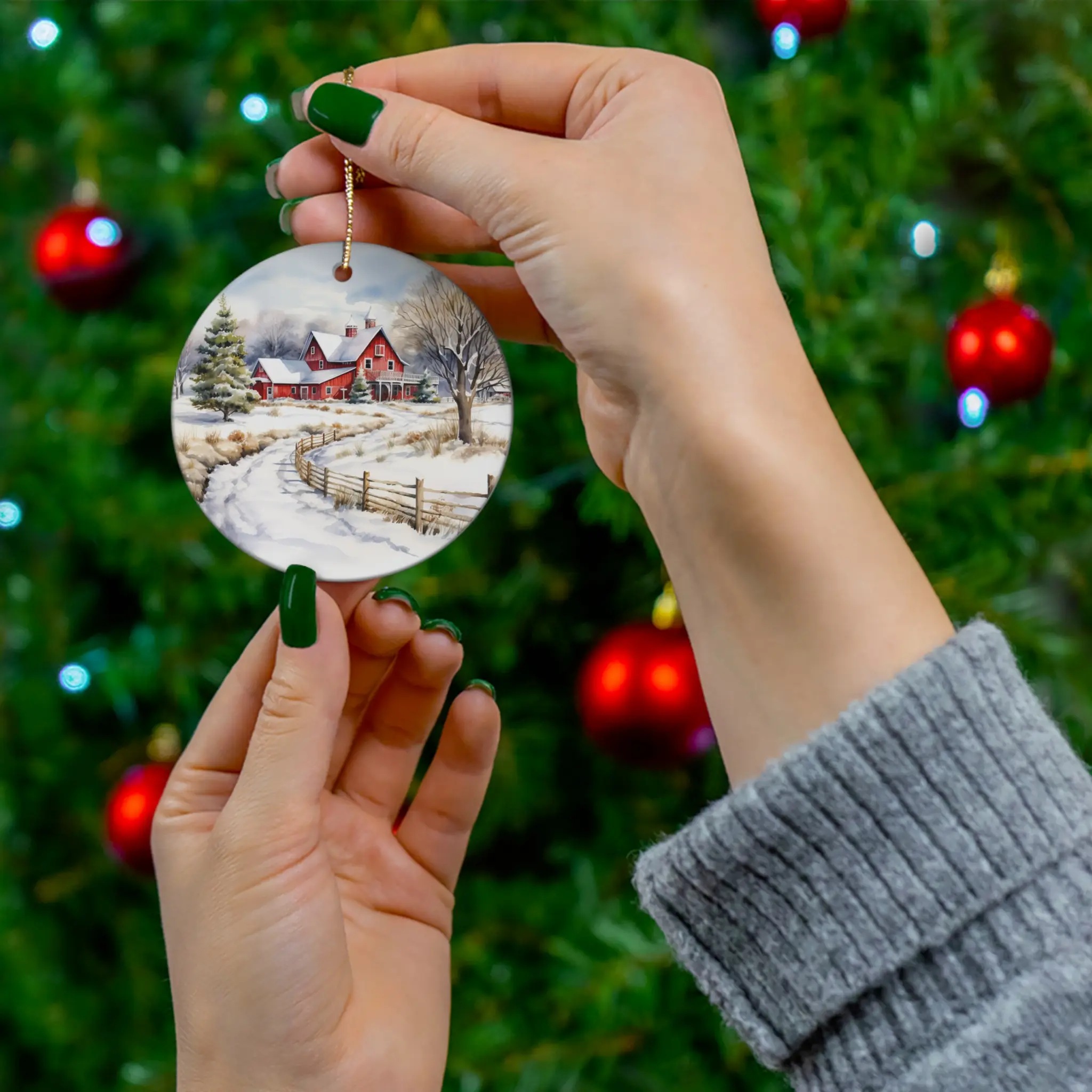Ceramic Ornament, Winter House Christmas Tree Decoration, Holiday Gift, Festive Home Decor, Ornamental Hanging Bauble, Snowy CottageI