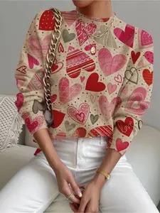 Women's Valentine's Day Heart Print Stand Collar Sweater, Fall Winter Casual Long Sleeve Knitwear, Comfortable Warm Daily Wear