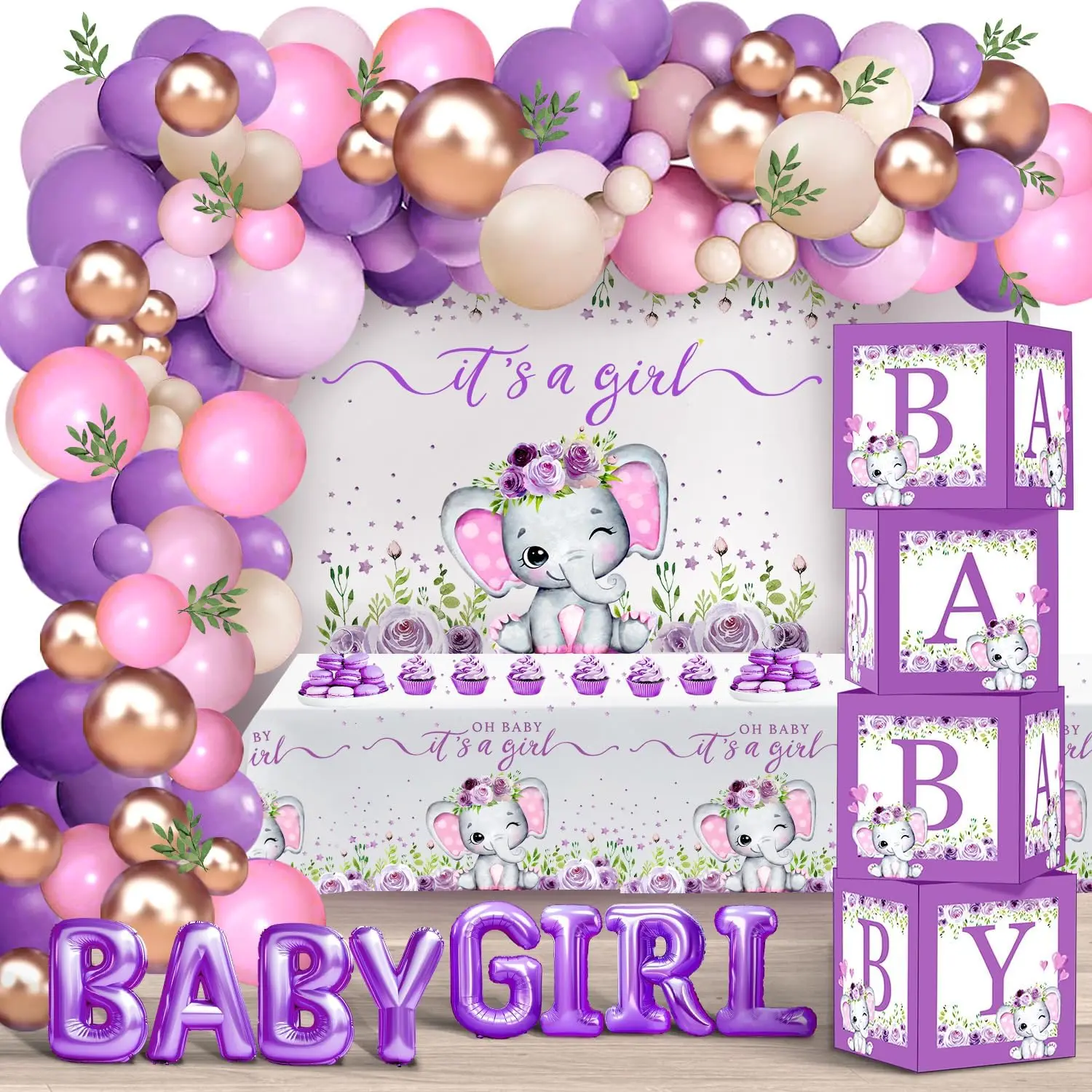 Elephant Baby Shower Decorations for Girl, Purple Elephant Baby Girl Shower Decorations, It's a Girl Backdrop Tablecloth Balloon Garland Arch Kit BABY Box Baby Shower Party Supplies