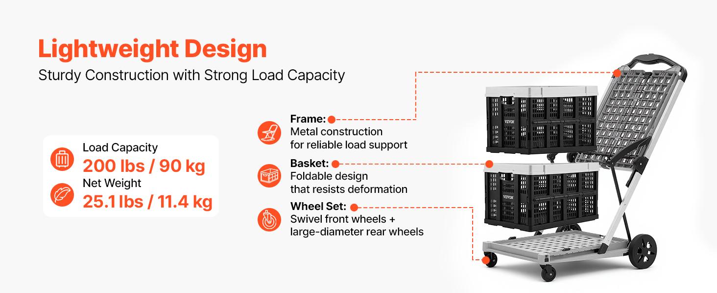 VEVOR Collapsible Shopping Cart with Wheels Foldable for Grocery Black Gray, 200lbs Capacity Rolling Utility Cart, Storage Crate & Foot Brake, Portable Folding for Groceries, Warehouse, Supermarket#BacktoSchool