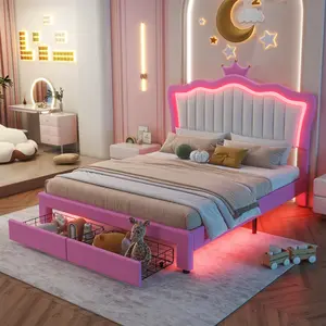 Full size Bed Frame with Storage Drawer and LED Lights, Modern Upholstered Full Princess Bed with Crown Headboard, Full Platform Bed for Bedroom, Pink, Full Size
