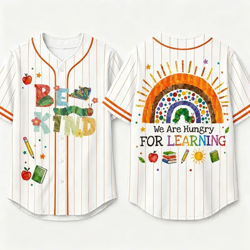 Teacher Baseball Jersey, We Are Hungry for Learning Graphic Shirt, Rainbow Back to School Outfit, Educator Gift for Men Women