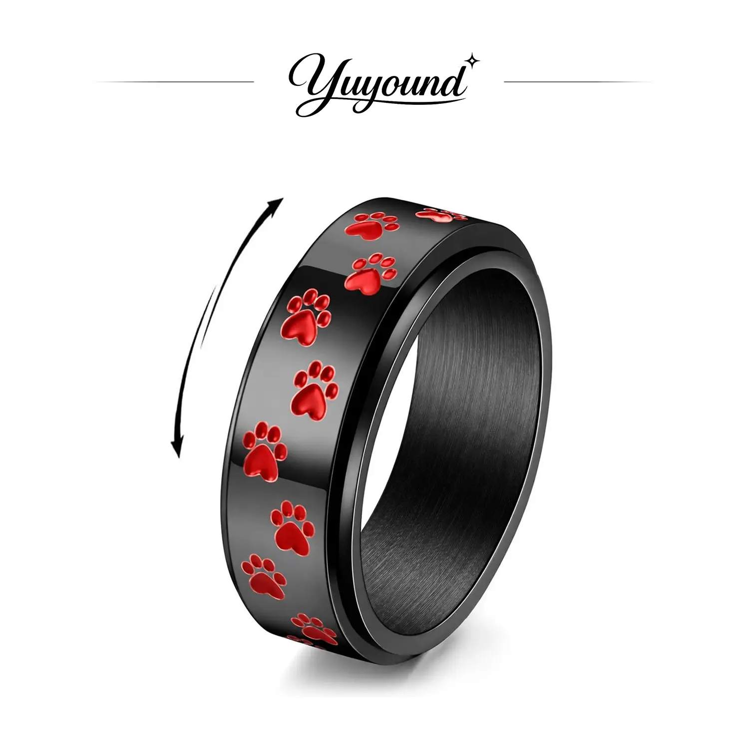 Personalized Paw Print Spinner Ring, Unisex Rotating Pet Lover Ring, Dog Cat Paw Pattern Band Ring, Memorial Jewelry Gift for Men Women