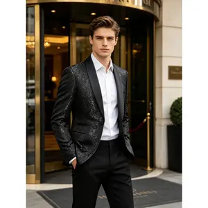 Men's Jacquard Shawl Lapel Tuxedo Blazer, Single-Breasted Formal Suit Jacket