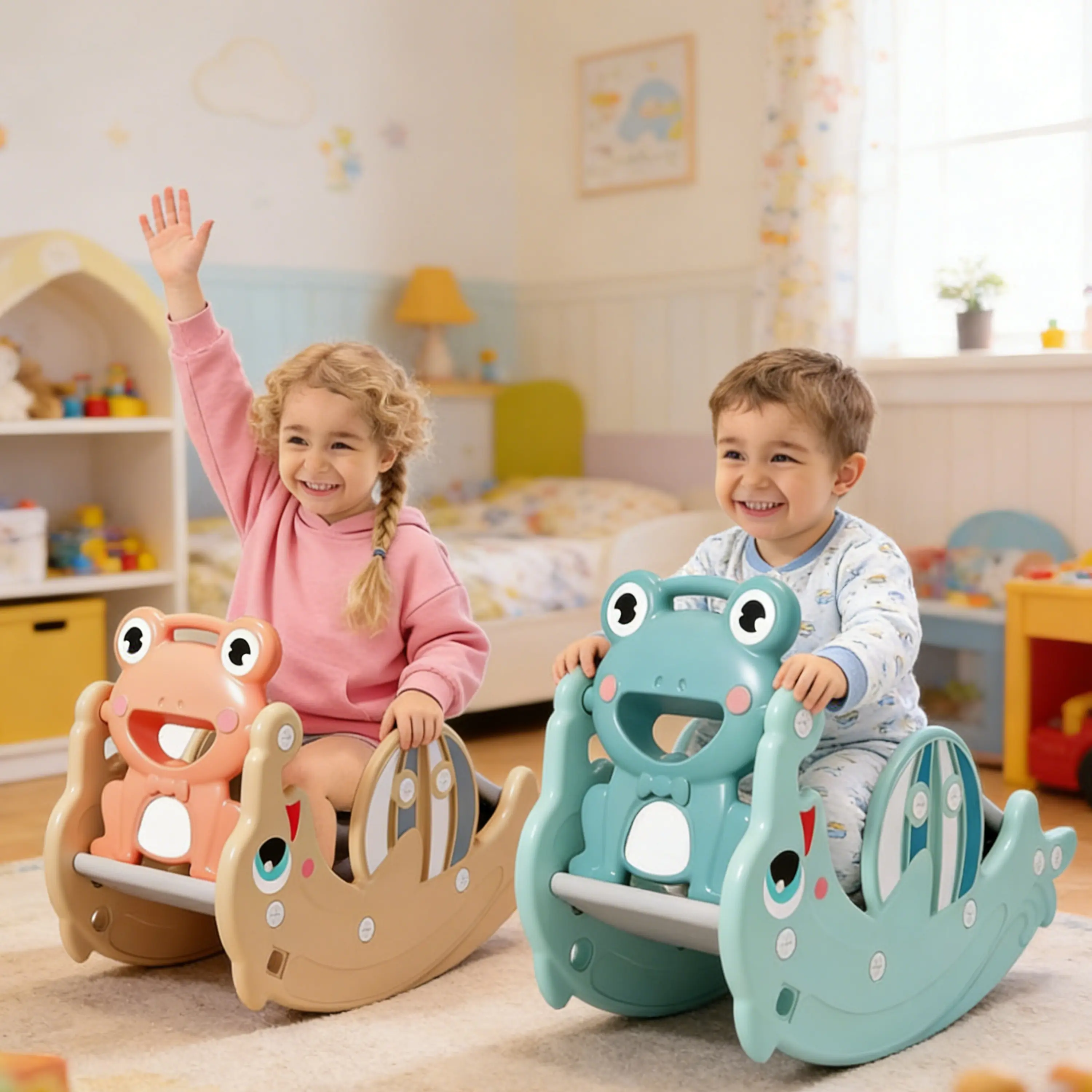 Foldable 4-in-1 Toddler Slide Set, Rocking Horse Mode + Slide Mode + Climber + Basketball Hoop, Indoor Outdoor Active Play for Little Kids, Easy to Store， helps Build Motor Skills, Balance & Coordination，Safe Foldable Toy for Home Use