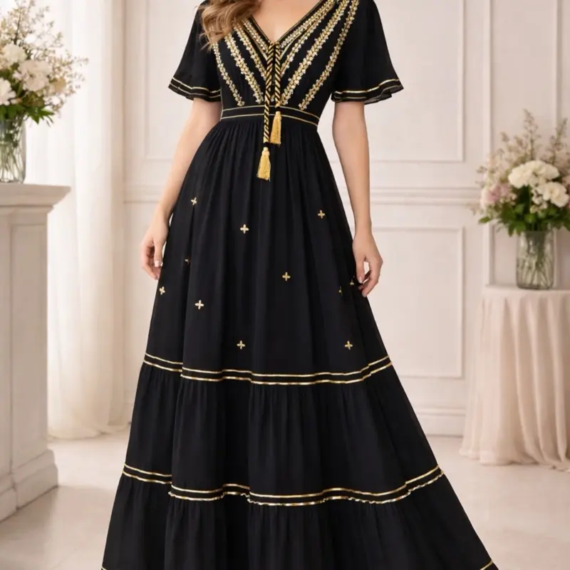Elegant Black Bohemian Maxi Dress with Gold Embroidery and Tassel Detailing  for Special Occasions - TikTok Shop
