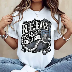 Women's Blue Jeans And Pearls Kinda Girl Print T-Shirt, Casual Short-Sleeve Crewneck Fitted Top, Everyday Wear Fashion Statement Clothes, Women's Tshirt