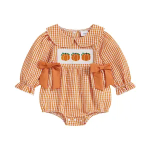 Newborn Baby Girl Halloween Gingham Bows Bubble Romper Long Sleeve Peter Pan Collar Pumpkin Plaid Onesie Bodysuit Outfit
