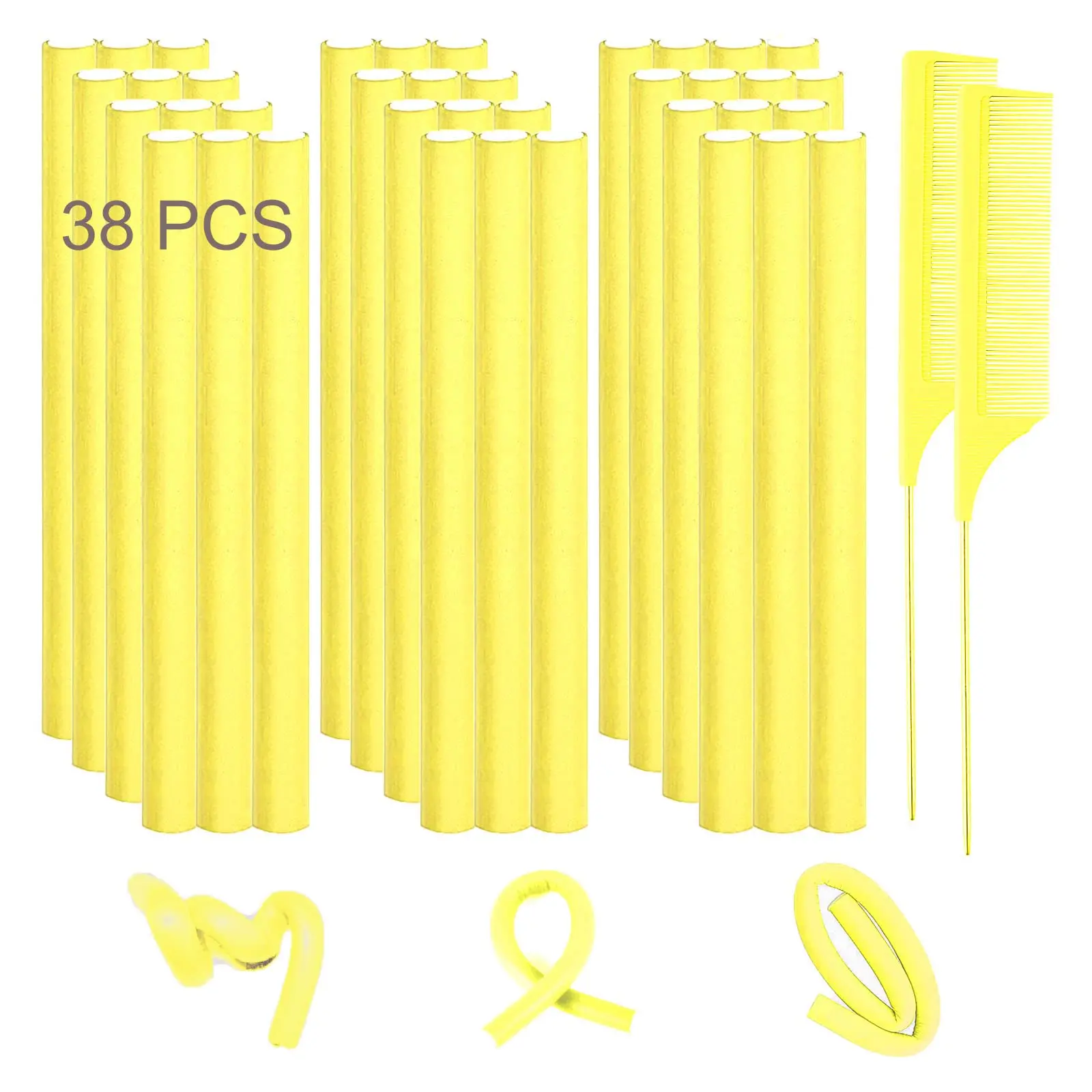 38 Flexible Curling Rods  9.45" Soft Rollers For Long Hair Curls Heatless Overnight Bendy Flexi-rods & 2 Steel Pintail Combs