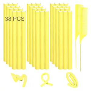 38 Flexible Curling Rods  9.45" Soft Rollers For Long Hair Curls Heatless Overnight Bendy Flexi-rods & 2 Steel Pintail Combs