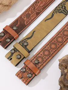 American Ariat Western Cowboy Belt, Leather Carved Painted Horse Riding Saddle, Knight Equestrian Clothing, Size 32