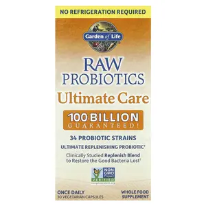 Garden of Life RAW Probiotics Ultimate Care, 100B Guaranteed CFUs, 34x Probiotic Strains, Gluten Free, 30 Vegetarian Capsules for Once-Daily Use