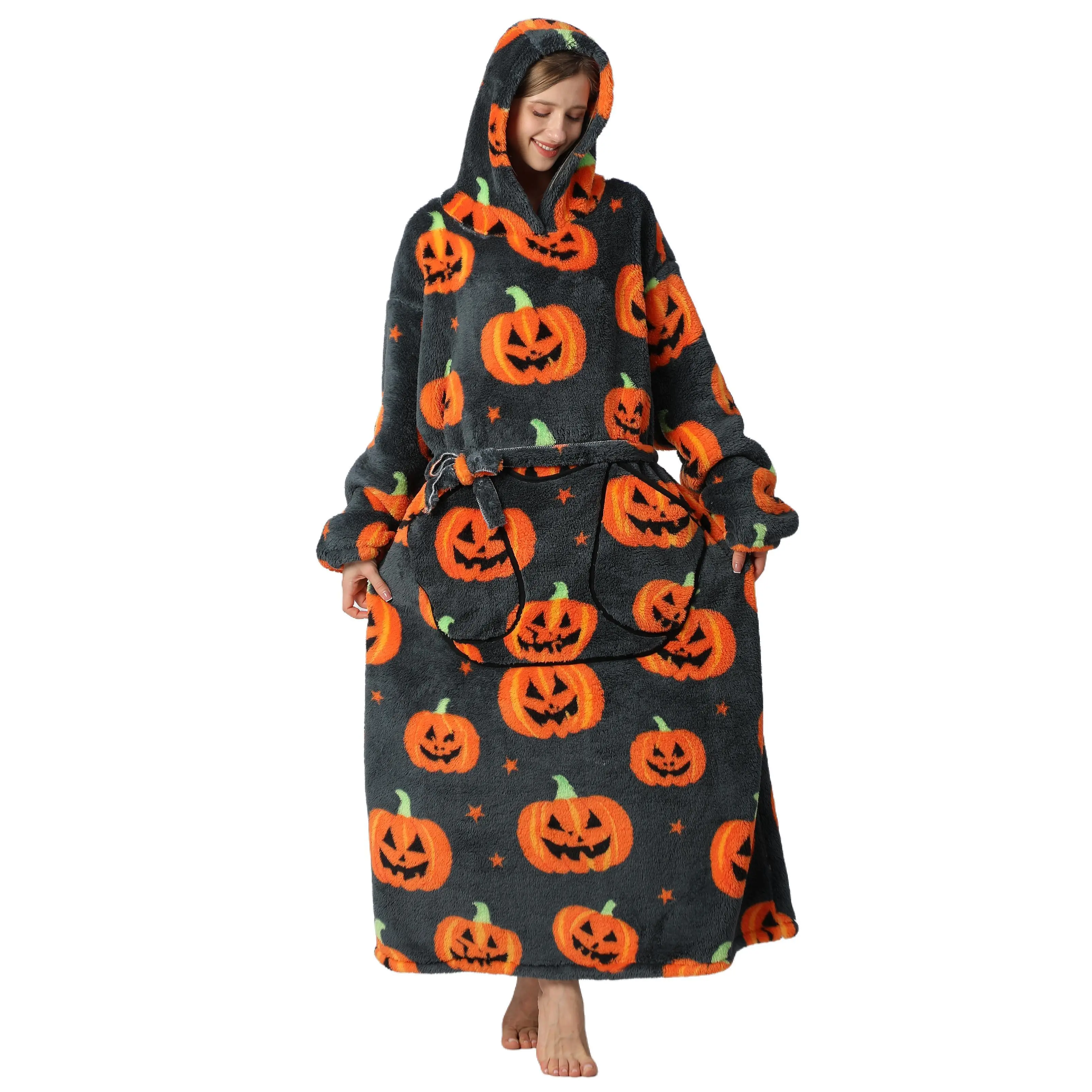 Msrlassn Oversized Cute Wearable Hoodie Blanket Nightgown Ultra Soft Sherpa Hooded Blankets Warm with Giant Pockets Halloween for Women Men Adults
