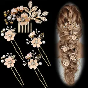 Flower Design Hair Pin, 5 Counts/set Faux Pearl & Rhinestone Decor Hair Accessories for Wedding Bridal Party Formal Occasions, Women's Fashion Hair Accessories