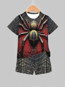 Boys' 3D Spider Print Track Shorts, Web Texture, Casual Summer Wear, Party Vacation School, All over Print Design