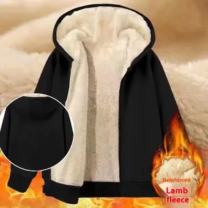 Autumn Winter Men's Solid Color Versatile Lamb Wool Sweatshirt Jacket Black Fleece Loose Zipper Hooded Cardigan Sweatshirt