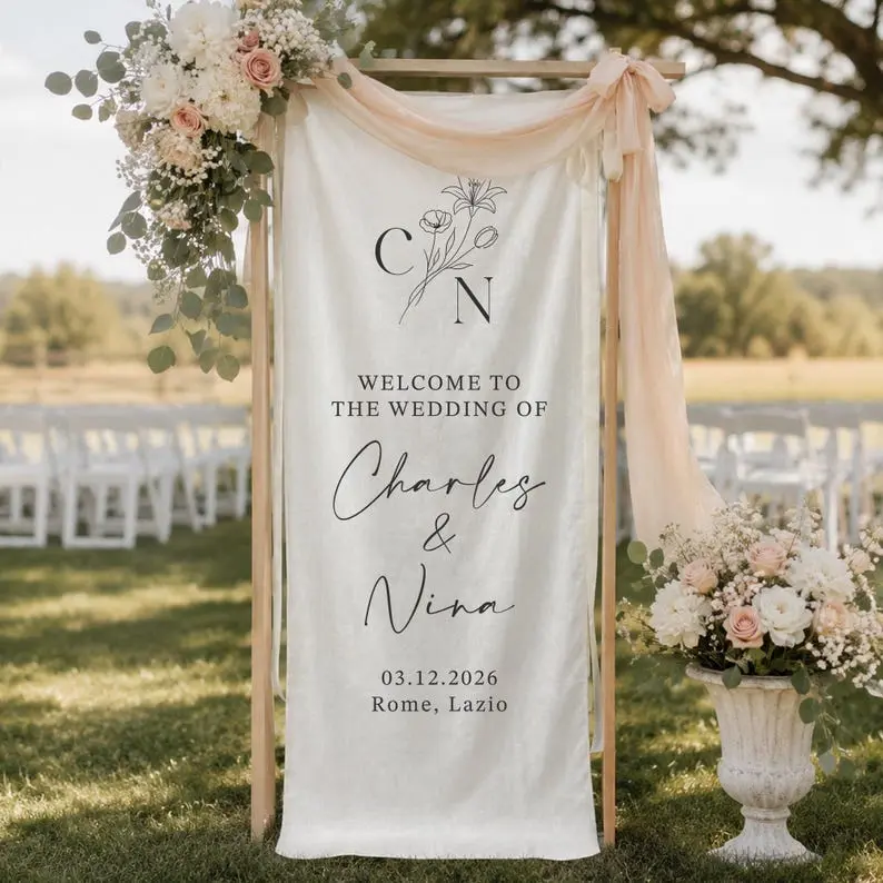 Personalized Linen Wedding Welcome Sign, Custom Fabric Wedding Banner, Floral Ceremony Decor, Engagement Party Welcome Display, Elegant Wedding Signage