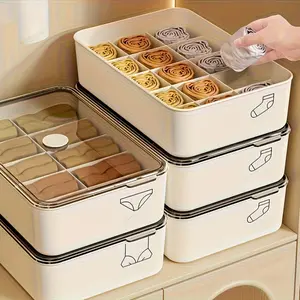 Stackable Underwear Organizer Box, 3-in-1 Drawer Storage Container with Dividers for Socks, Bras, Panties and Shorts, Lidded Dustproof Damp-Resistant Plastic Wardrobe Organizer for Closet, Dorm and Home