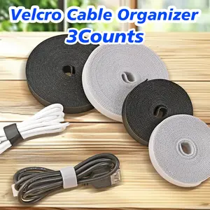 3 Counts Reusable Fastening Tape Cable Ties, suitable for bundling various items, fixes scattered things, Grey&Black&White