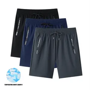 Men’s 3-pack plain shorts with zippered pockets and drawstring; casual fitted elastic waist bottoms for summer; breathable athleisure men’s clothing for daily wear, gym, sports, outdoor activities; comfortable fabric; solid pocket shorts.