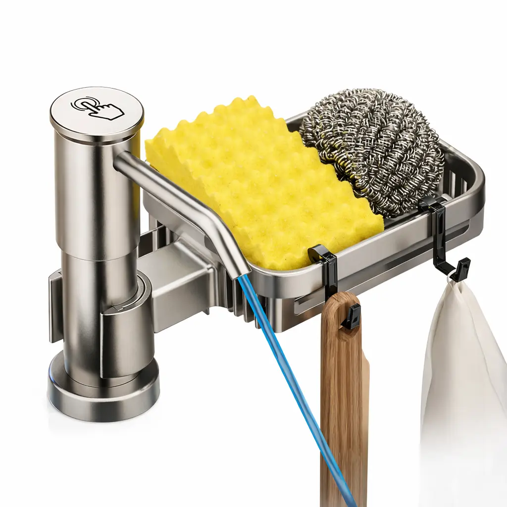LSNMSO Kitchen Sink Soap Dispenser with Sponge Holder, Built-in Countertop Soap Pump with Storage Rack and Hooks for Dish Soap, Sponge, Scrub Brush