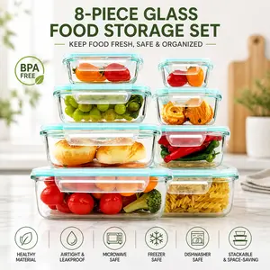 2026 Spring New Arrival, 8 Pack Borosilicate Glass Food Storage Containers (8 Containers+1 Utensil) Stackable Airtight BPA Free Oven/Microwave/Freezer/Dishwasher Safe
