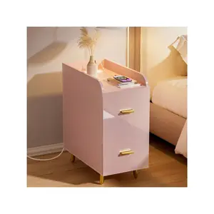 High quality  GINRGINR Nightstand Charging Station Power Outlets USB Ports Narrow White Night Stand 2 Deep Drawer Side Bed With LED Light High Gloss Panel Modern Bedside Table Drawers For Bedroom Entry Living Room Dorm 11.8 D 21.65 W  Furniture Decoration