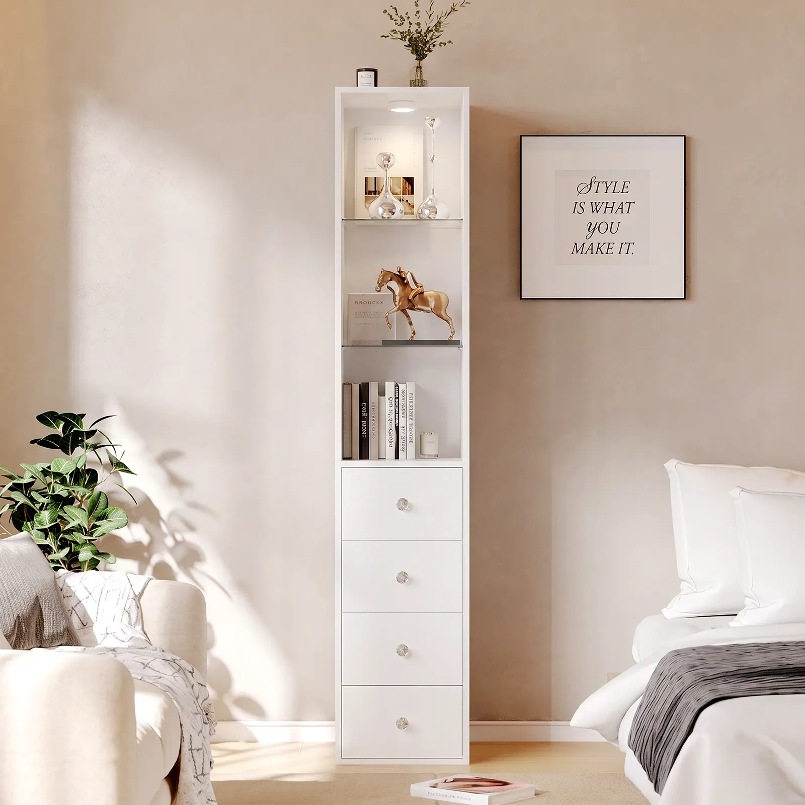 VOWNER 3 Tier Stand Shelf with 4 Drawers Glass top Modern Beside Table Nightstand with Glass Top, Outlet, LED Light for Vanity, Bedroom, Living Room, Makeup Organization