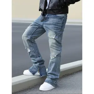 Men's straight-leg distressed jeans- mid-rise, stretch blend, leg zipper design, street style, ripped details, comfortable and versatile, suitable trendy outfits, stylish long pants Slim-fit jeans Durable fabric