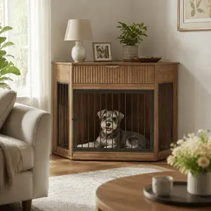 Littleox Modern Walnut Corner Dog Crate Furniture 44.6 Inches, Multi-Functional Dog Kennel Side End Table with Fluted Storage Drawer, Space Efficient MDF Pet House for Small Medium Breeds Indoor