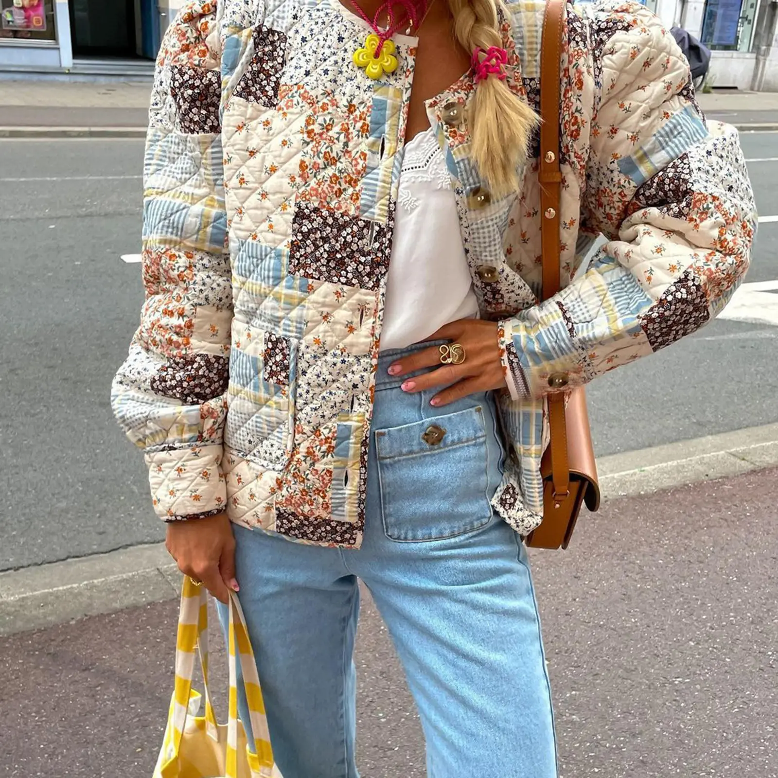 Women Fall Quilted Jacket, Lightweight Floral Print Casual Long Sleeve Button Cardigan, Ladies Outwear Streetwear, Ladies Clothes for Indoor Outdoor Wear, Ladies Clothes for Daily Wear Trendy Cozy Chic